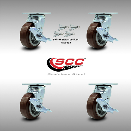 Service Caster 5 Inch SS Polyurethane Caster Set with Ball Bearings and Brake/Swivel Lock SCC SCC-SS30S520-PPUB-TLB-BSL-4